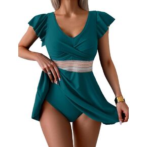 Women's Tankini Swimdress Tummy Control Swimsuit Ruffle Color Block Two Piece Bathing Suit Tie Back Swimwear