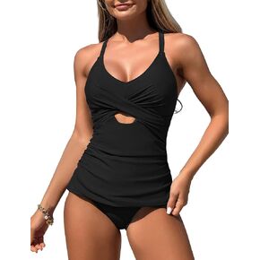 Zaful Women's Tankini Suits Control Control Twist Front High Chected Out Swimsuits اثنين من ملابس السباحة