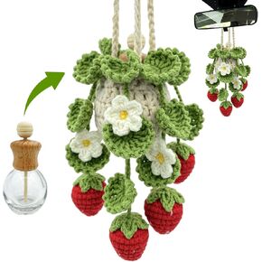Crochet Car Air Freshener, 15ml Empty Refillable Oil Diffuser Bottle with Hanging Crochet Strawberry Plant for Car Rearview Mirror Air Freshener Diffuser for Home, and Office Decor