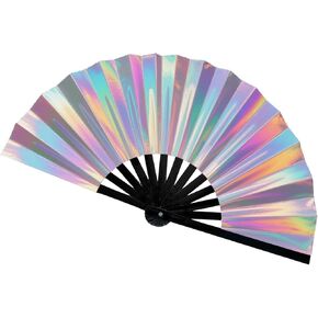 Large Glitter Holographic Rave Hand Fan, Clack Laser Colors Hand Rave Fan ，for Music Festival,Club, Party, Dance，Disco, Neon, Glow Party Decorations ﻿