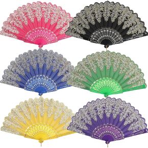 BABEYOND 6pcs Vintage Folding Hand Fan Gold Decoration Handheld Folding Fan Fabric Folding Fan for Wedding Dancing Party (Color Random Selected with Gold Decoration)