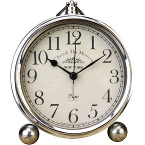 JUSTUP Vintage Table Clock, Iron European Style Desk Clock Battery Operated Non-Ticking Mantle Clock for Home Decor (Silver)