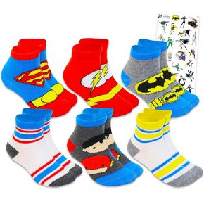 Justice League Socks for Toddlers 6 Pack Set - حزمة مع 6 أزواج من Justice League Socks Saze 2T -4T يضم Superman ، Batman Plus ملصقات | دي سي كاريكاتير الجوارب للأطفال الصغار