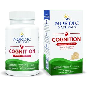 Nordic Naturals Cognition Mushroom Complex, Unflavored - 60 Capsules - Brain, Memory & Mood Support - Blend of Lion’s Mane Mushroom & Bacopa Extract - Non-GMO - Certified Vegan - 30 Servings