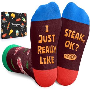 HAPPYPOP Funny Food Socks for Kids - Hot Dog Steak Gifts for Boys Girls, Steak Hotdog Socks, 7-9 Years Old