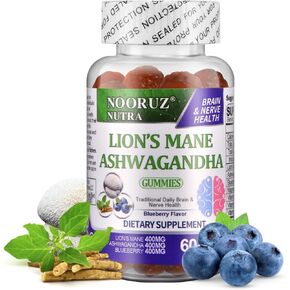 Ashwagandha & Lion's Mane Mushroom& Blueberry Gummies Vegan | Plant-Based Extracts | Non-GMO | Gluten-Free | Gelatin-Free Supports Cognitive and Memory Health