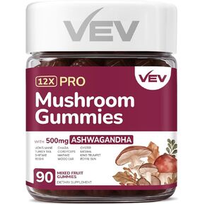 VEV Mushroom Gummies for Adults - 12x Mushroom Supplement with Lions Mane, Reishi, Cordyceps, and Turkey Tail - Ashwagandha - 90 Vegan Gummies