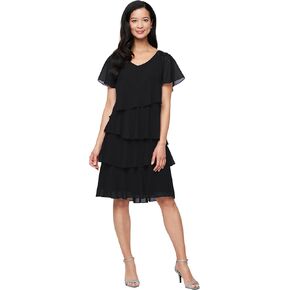 S.L. Fashions Women's V-Neck Chiffon Cocktail Dress with Beaded Shoulders and Asymmetrical Tiers (Petite and Regular Sizes)