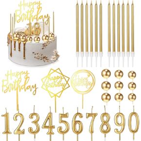 34 Pcs Happy Birthday Cake Toppers Decorations Birthday Candles DIY Cake Decor for Men Women Wedding Anniversary(Gold)
