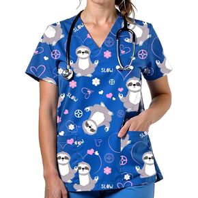 Scrubs for Women V Neck Cute Printed Scrub Tops Women Nurse Shirt Soft Casual Uniform with Pockets