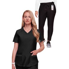مجموعة فرك شيروكي للنساء ، 7 جيوب ، أعلى من رقص مع مجموعة من الهيمر CK840 المنحني و Mid Rise مدبب الساق Pant CK095 ، أسود - L TOP/L PETITE PANT
