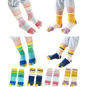4 Pairs Cotton Split Tabi Toe Five Finger Socks Elastic Casual Color Block Seperated Socks for Kids Boys Girls 2-10 Years