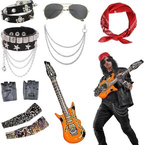 10pcs 80s Rocker Costume Set Roll Punk Cosplay Outfit Accessories Kit Includs Headband Sunglasses Bracelets Pants Chain Tattoo Sleeve Gloves Guitar Prop for Rockstar Men Women Halloween Party Decor