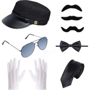 Yookat Chauffeur Costume Chauffeur Hat Gloves Bow Tie Glasses Fake Mustaches Chauffeur Costume Accessories Set