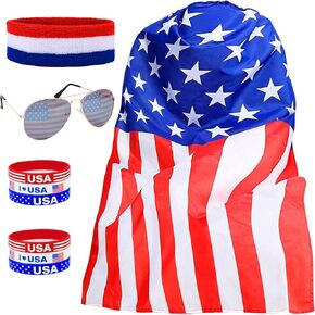 American Flag Costume Cape,Retro 80's Patriotic Flag Outfits Sunglasses Headband Bracelets for 4th of July Independence Day Memorial Day Celebration Party Accessories for Men Women