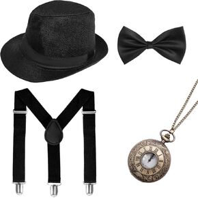 4pcs 1920s Mens Gatsby Accessories Assume Assume Collable تشمل مجموعة حمالات القبعة السود