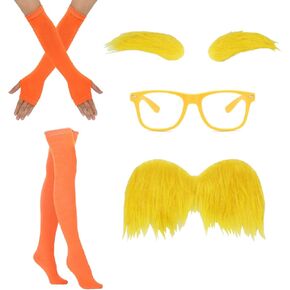 5pcs Orange Costume Set Cosplay Dress Up Accessories Kit Includes Novelty Mustache Fake Eyebrows Yellow Glasses and Orange Socks Gloves Funny Fake Beard Party Halloween Role Play Party Favors Supplies