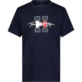 Tommy Hilfiger Boys' Short Sleeve Graphic Crew Neck T-Shirt, Soft, Comfortable, Relaxed Fit, Script H Navy Blazer, 10-12