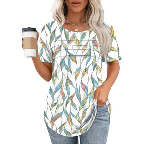 XIEERDUO Women's Pleated Tops Dressy Casual Short Sleeve T-Shirts Fashion Blouses Loose Curved Hem Long Tunic S-3XL