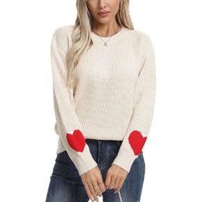 shermie Women's Cute Heart Pattern Elbow Patchwork Knitted Sweaters Long Sleeve Crew Neck Casual Pullover