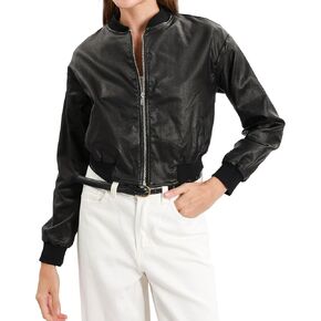Xintianji Womens Matte Glossy Faux Leather Bomber Jacket- Zip Up Side Pocket Long Sleeve Windbreaker Cropped Flight Jacket