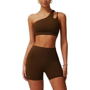 Womens Workout Sets Single Shoulder Straps Sport Bra Matching Shorts 2 Piece Gym Yoga Active Outfits with Pockets