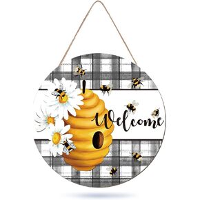 Whaline Bee Welcome Sign Wooden Hanging Sign Front Door Decor Rustic Plaids Daisy Welcome Wood Sign for Spring Summer World Bee Day Home Office Coffee Shop Farmhouse Window