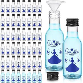 50 PCS Quinceanera Mini Liquor Bottle Mis Quince Anos 1.7oz زجاجة بلاستيكية فارغة مع غطاء مسمار أسود 1 هدية عيد ميلاد حلوة 15 سنة للضيف Recuerdos de Quinceañera (الأزرق)