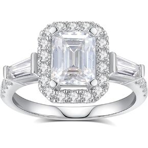 Moissanite Engagement Rings for Women,Emerald Cut D Color VVS1 Moissanite Ring,Sterling Silver Plated 18K White Gold Wedding Band Ring for Women