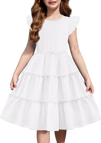 Arshiner Girl's Summer Dress Ruffle Sleeve Tiered Casual Party Dresses with Pockets 5-12 Years in Saudi Arabia