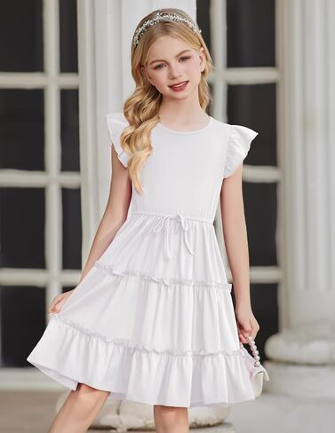 Arshiner Girl's Summer Dress Ruffle Sleeve Tiered Casual Party Dresses with Pockets 5-12 Years in Saudi Arabia