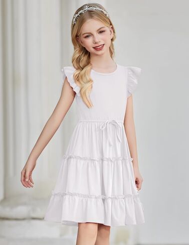 Arshiner Girl's Summer Dress Ruffle Sleeve Tiered Casual Party Dresses with Pockets 5-12 Years in Saudi Arabia
