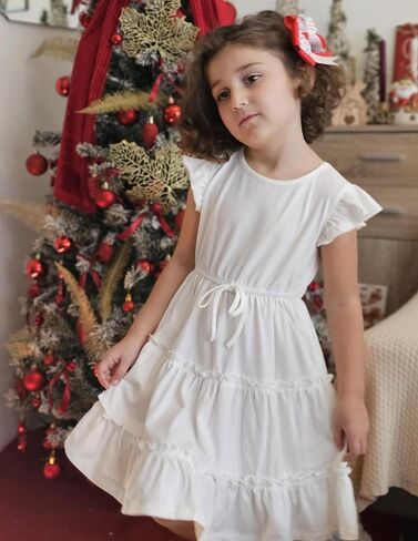 Arshiner Girl's Summer Dress Ruffle Sleeve Tiered Casual Party Dresses with Pockets 5-12 Years in Saudi Arabia