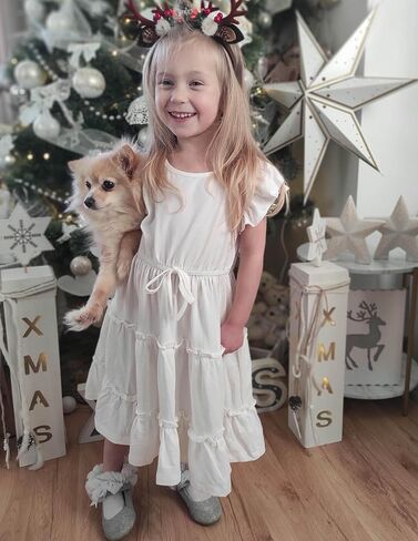Arshiner Girl's Summer Dress Ruffle Sleeve Tiered Casual Party Dresses with Pockets 5-12 Years in Saudi Arabia