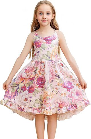 Girls Summer Floral Hi-Low Sleeveless Sundress with Straps,Vintage Boho Backless Party Dress in Saudi Arabia