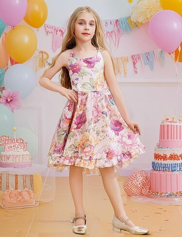 Girls Summer Floral Hi-Low Sleeveless Sundress with Straps,Vintage Boho Backless Party Dress in Saudi Arabia