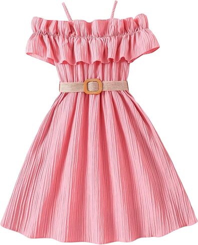 WDIRARA Girl's Cold Shoulder Ruffle Trim Short Sleeve Belted Flared A Line Dress in Saudi Arabia