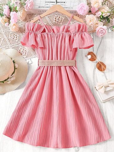 WDIRARA Girl's Cold Shoulder Ruffle Trim Short Sleeve Belted Flared A Line Dress in Saudi Arabia