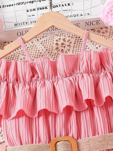 WDIRARA Girl's Cold Shoulder Ruffle Trim Short Sleeve Belted Flared A Line Dress in Saudi Arabia