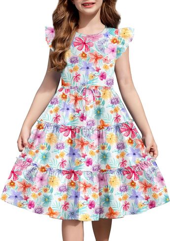 Arshiner Girl's Summer Dress Ruffle Sleeve Tiered Casual Party Dresses with Pockets 5-12 Years in Saudi Arabia
