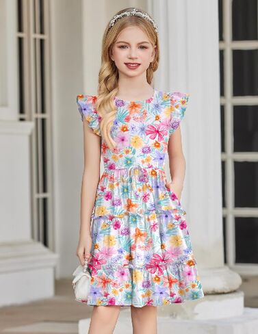 Arshiner Girl's Summer Dress Ruffle Sleeve Tiered Casual Party Dresses with Pockets 5-12 Years in Saudi Arabia