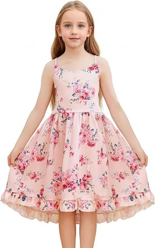 Girls Summer Floral Hi-Low Sleeveless Sundress with Straps,Vintage Boho Backless Party Dress in Saudi Arabia