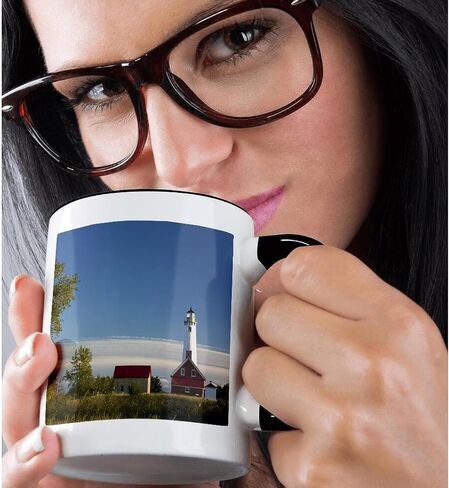 3dRose Michigan, Tawas Point Lighthouse on Lake Huron-US23 WBI0139-Walter Bibikow Two Tone Mug, 11 oz, Black/White in Kuwait