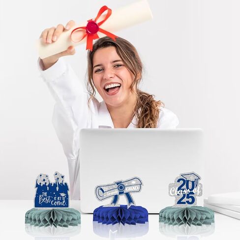 hying 9 قطع 2024 قطع مركزية على شكل قرص العسل للتخرج، قطع مركزية على شكل قرص العسل من فئة 2024، قطع مركزية للطاولة، أغطية ورقية للتخرج من أجل مستلزمات حفلات التخرج (أزرق أبيض) in Saudi Arabia