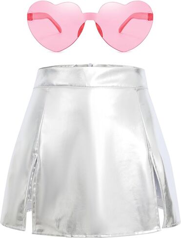 Girls Metallic Skirts A-Line with Inner Shorts Shiny Skater Skirt Hot Festaval Outfit with Accessories in Saudi Arabia