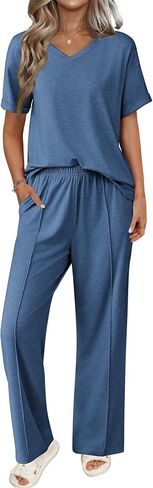 Ekouaer Pajamas for Women Set 2 Piece Short Sleeve Tops with Long Pants V Neck Soft Pjs Casual Lounge Set with Pockets in Saudi Arabia