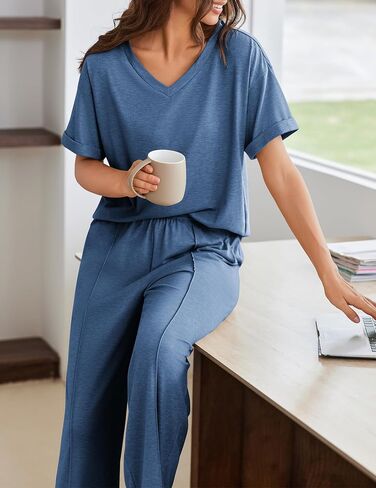 Ekouaer Pajamas for Women Set 2 Piece Short Sleeve Tops with Long Pants V Neck Soft Pjs Casual Lounge Set with Pockets in Saudi Arabia