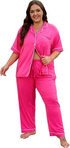 Vozanet Women's Plus Pajamas زر أسفل القميص والسراويل الصالة الناعمة مجموعات Bride Lighty Bottom مع جيوب 1x إلى 5x in Kuwait
