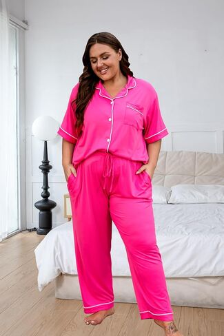 Vozanet Women's Plus Pajamas زر أسفل القميص والسراويل الصالة الناعمة مجموعات Bride Lighty Bottom مع جيوب 1x إلى 5x in Kuwait