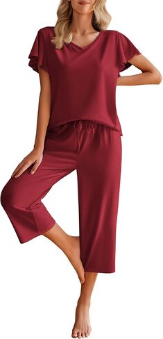 Ekouaer Womens Cotton Pajamas مجموعات قمم قصيرة الأكمام و Capri Pants ملابس النوم مع جيوب in Saudi Arabia